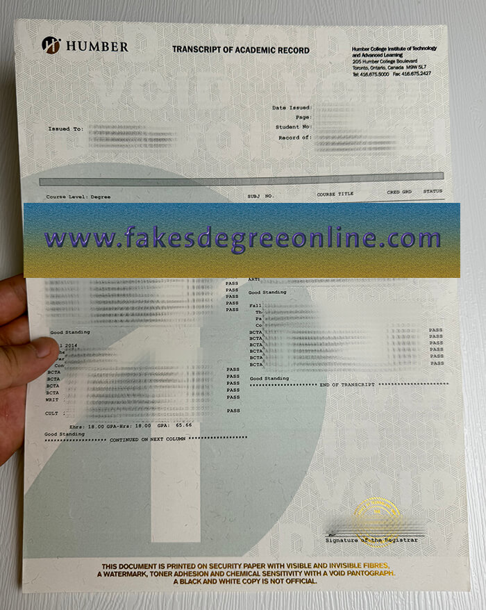 Humber Polytechnic transcript.