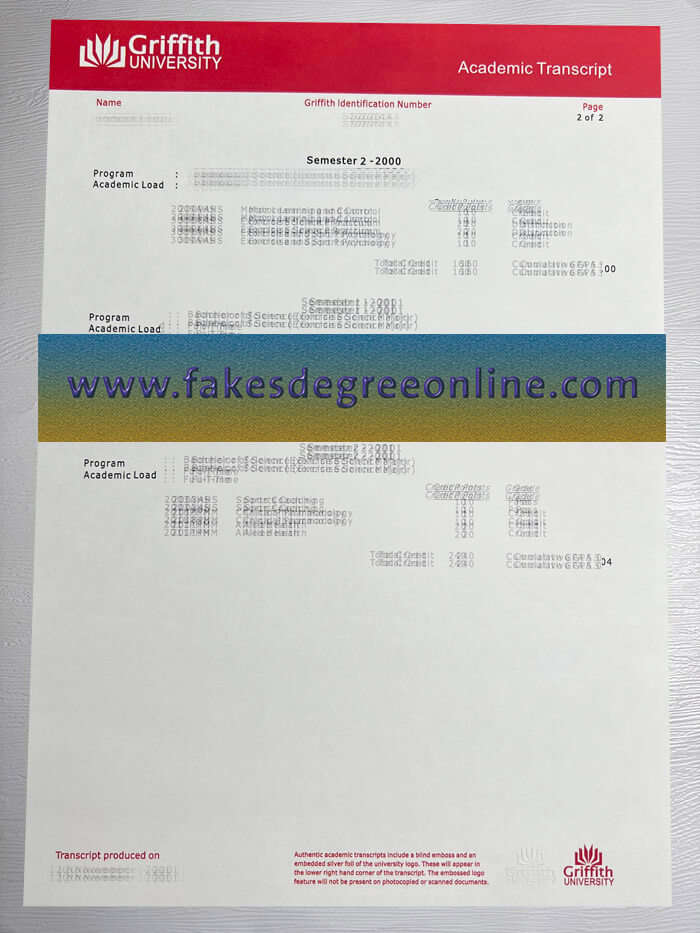 Griffith University transcript, Griffith University diploma